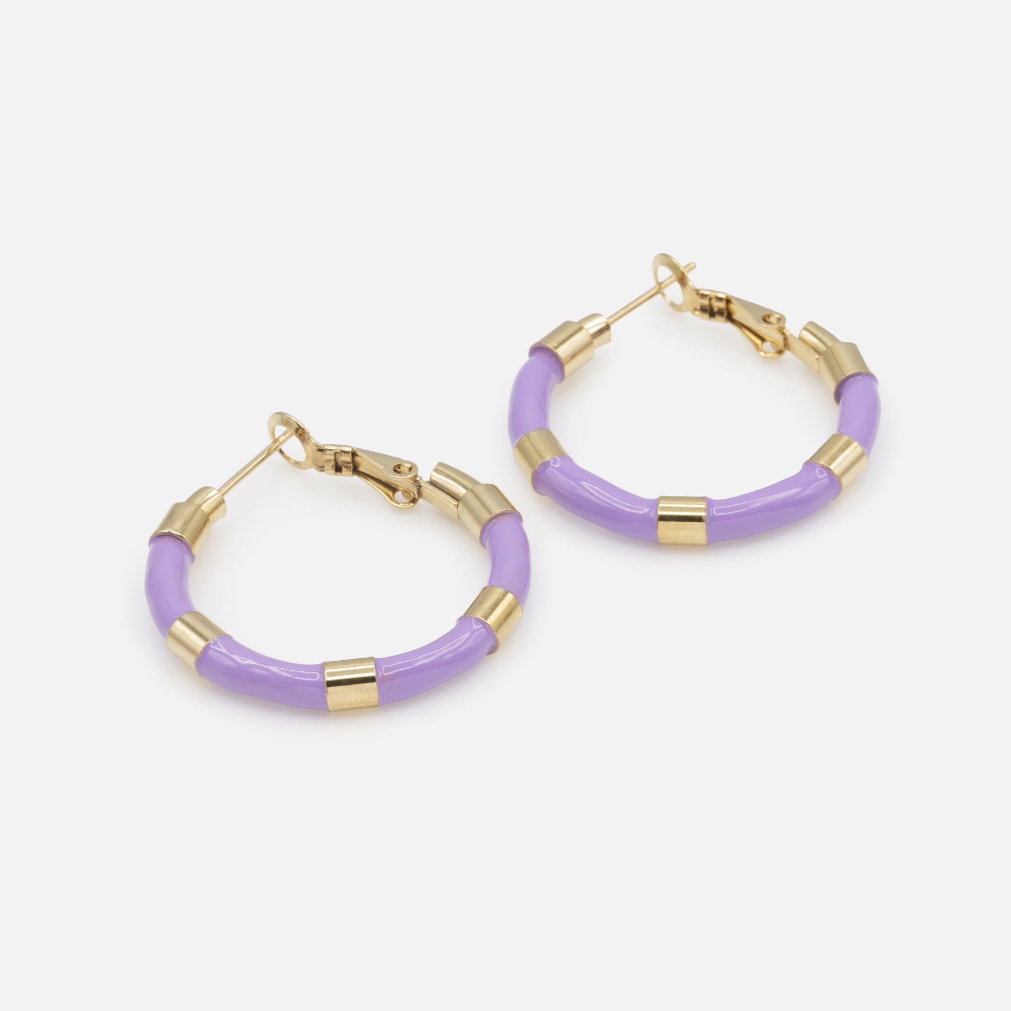 Lilac hoop earrings and gold cylinders in stainless steel