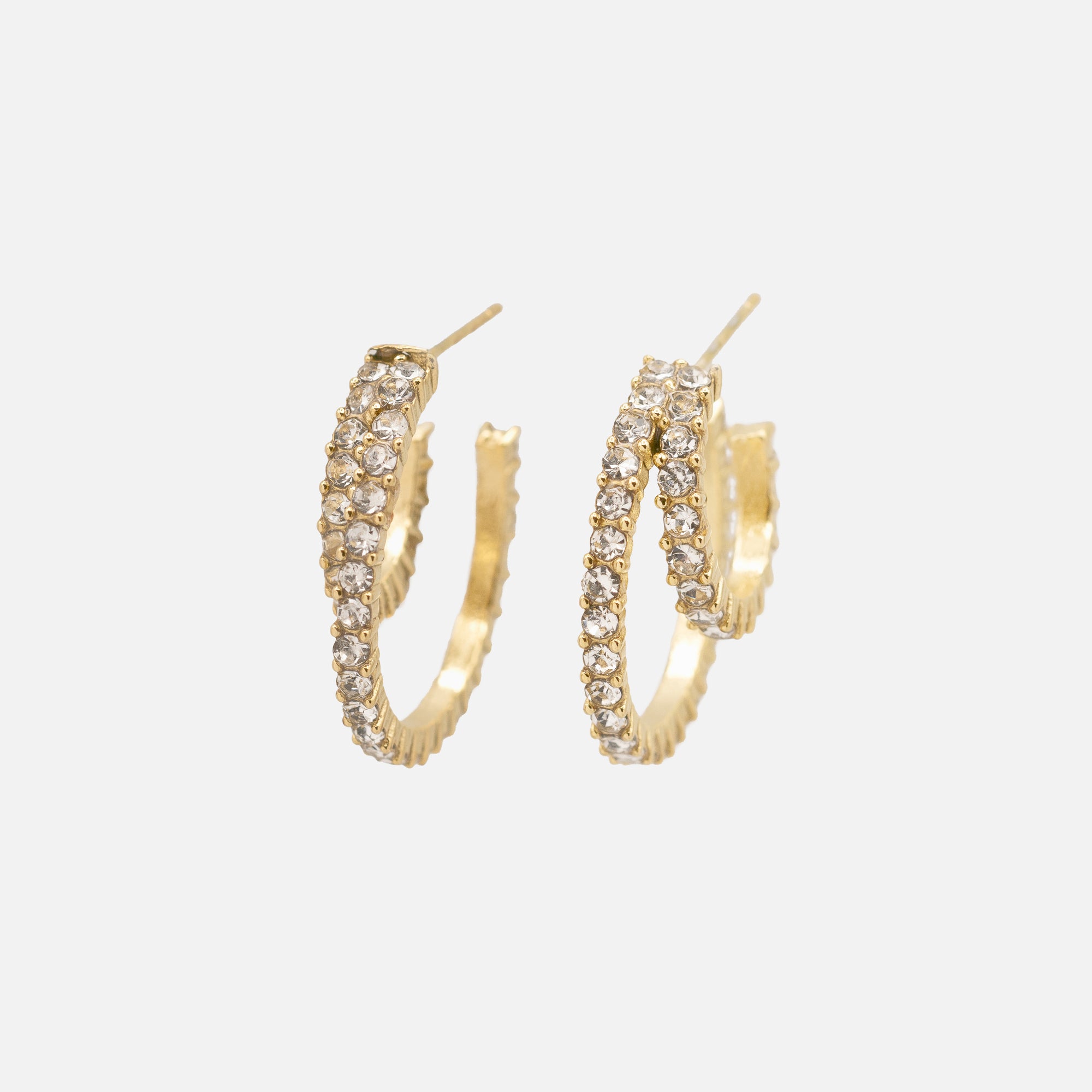 Double gold hoop earrings covered with cubic zirconia in stainless steel