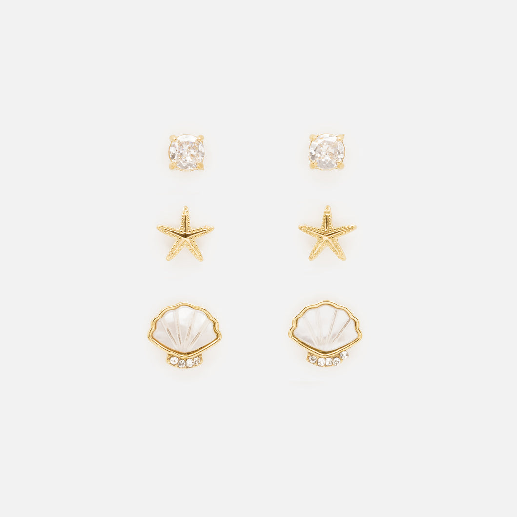 Trio of golden sea treasure and cubic zirconia earrings in stainless steel