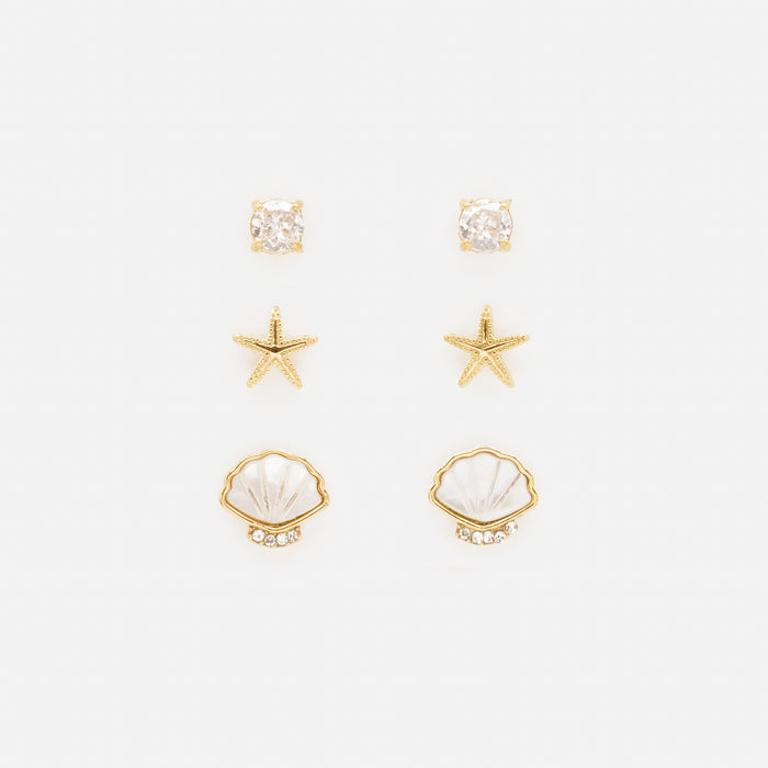 Trio de boucles d'oreilles dorées trésors des mers et zircons cubiques en acier inoxydable