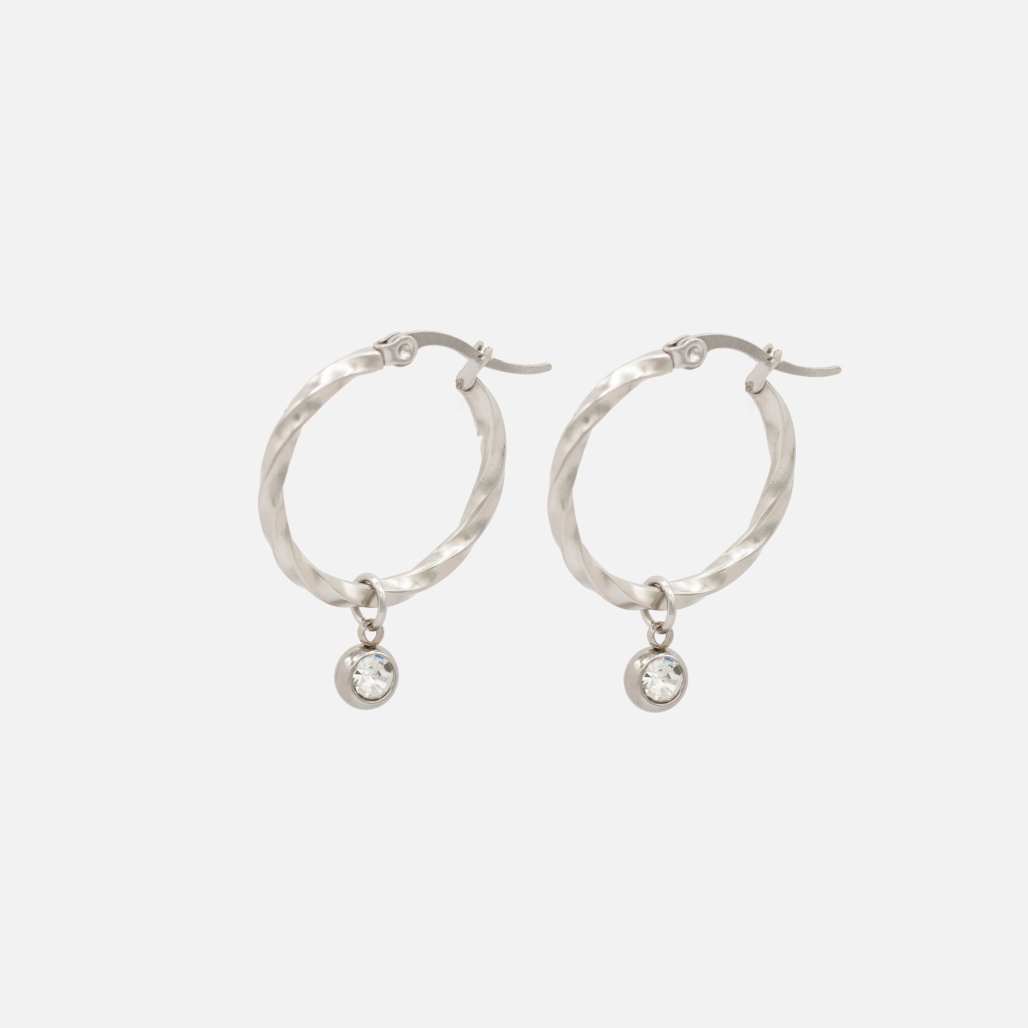 Twisted silver hoop earrings with removable cubic zirconia charm in stainless steel