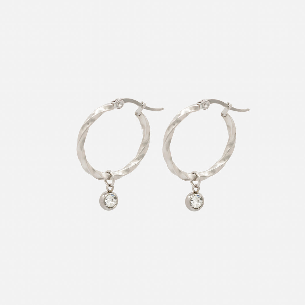 Twisted silver hoop earrings with removable cubic zirconia charm in stainless steel