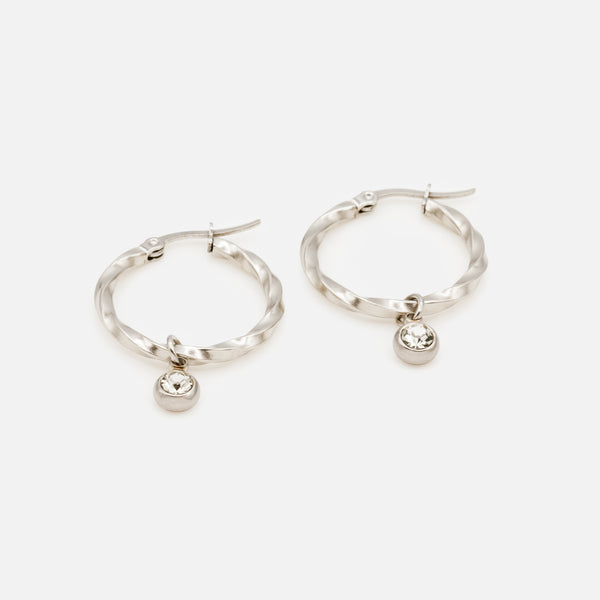 Load image into Gallery viewer, Twisted silver hoop earrings with removable cubic zirconia charm in stainless steel
