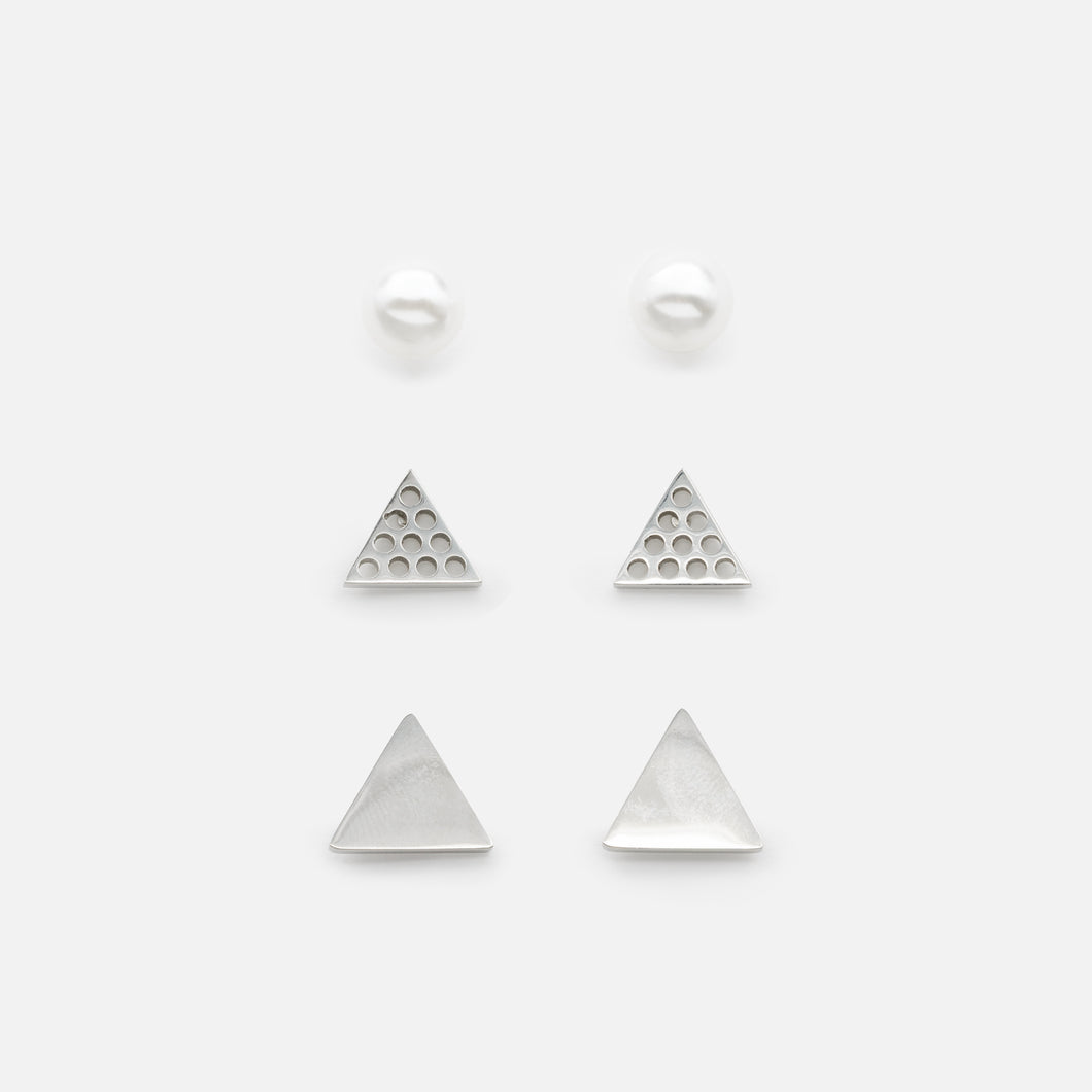 Trio of triangular earrings and stainless steel pearls