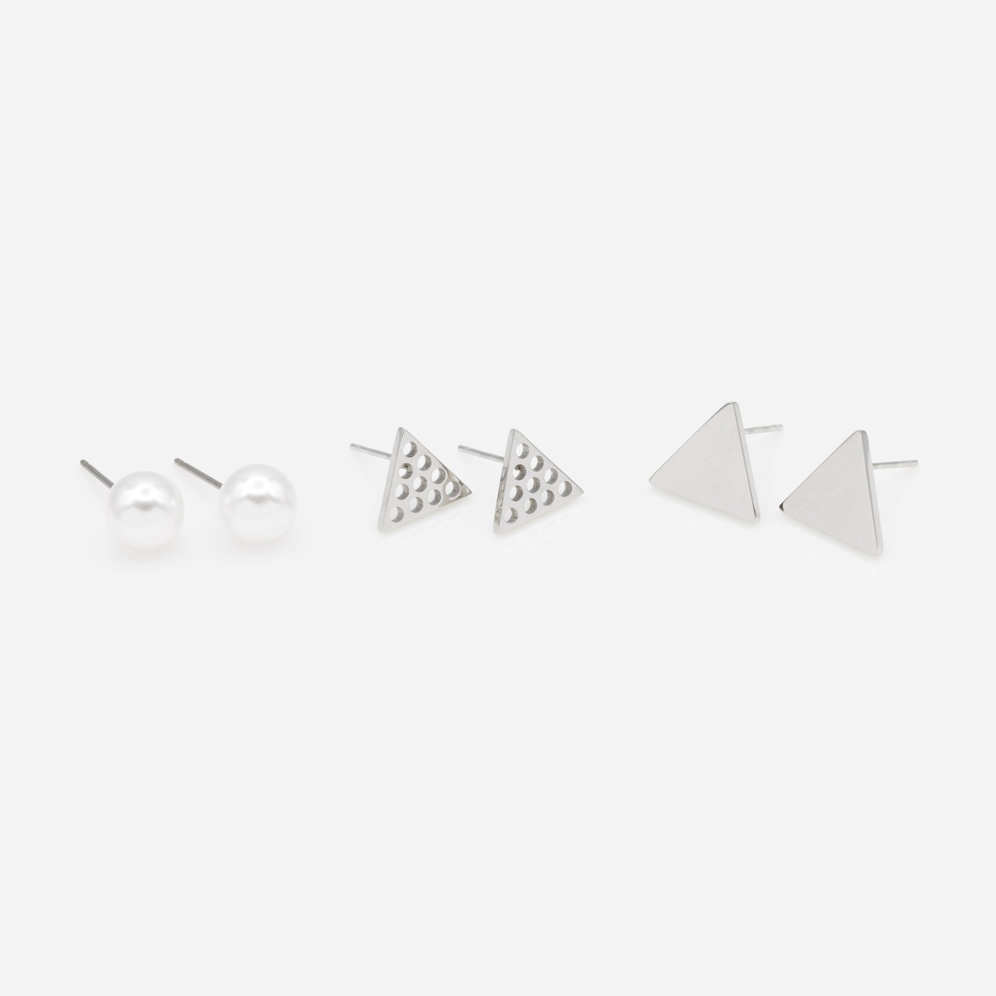 Trio of triangular earrings and stainless steel pearls
