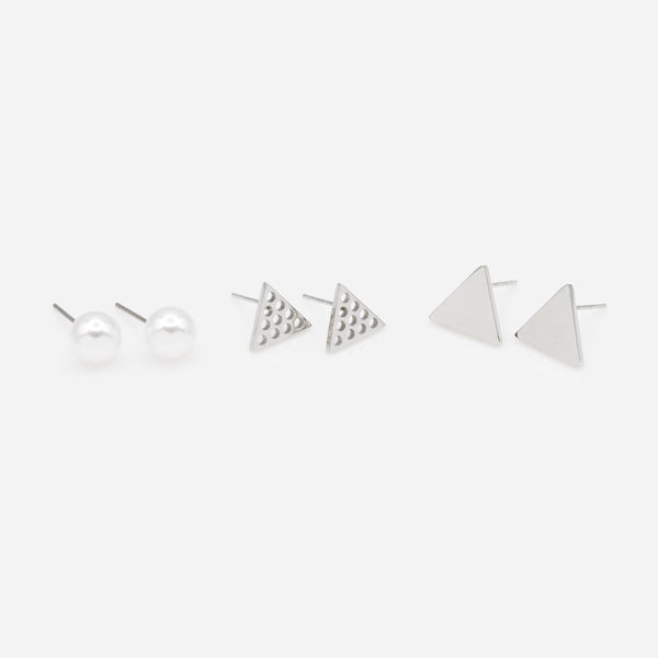 Load image into Gallery viewer, Trio of triangular earrings and stainless steel pearls
