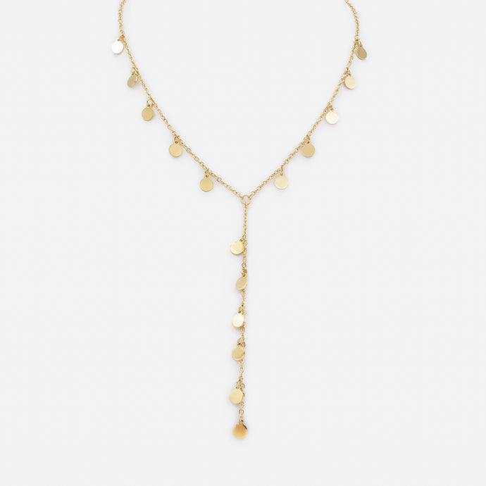 Gold necklace with round charms and long stainless steel pendant