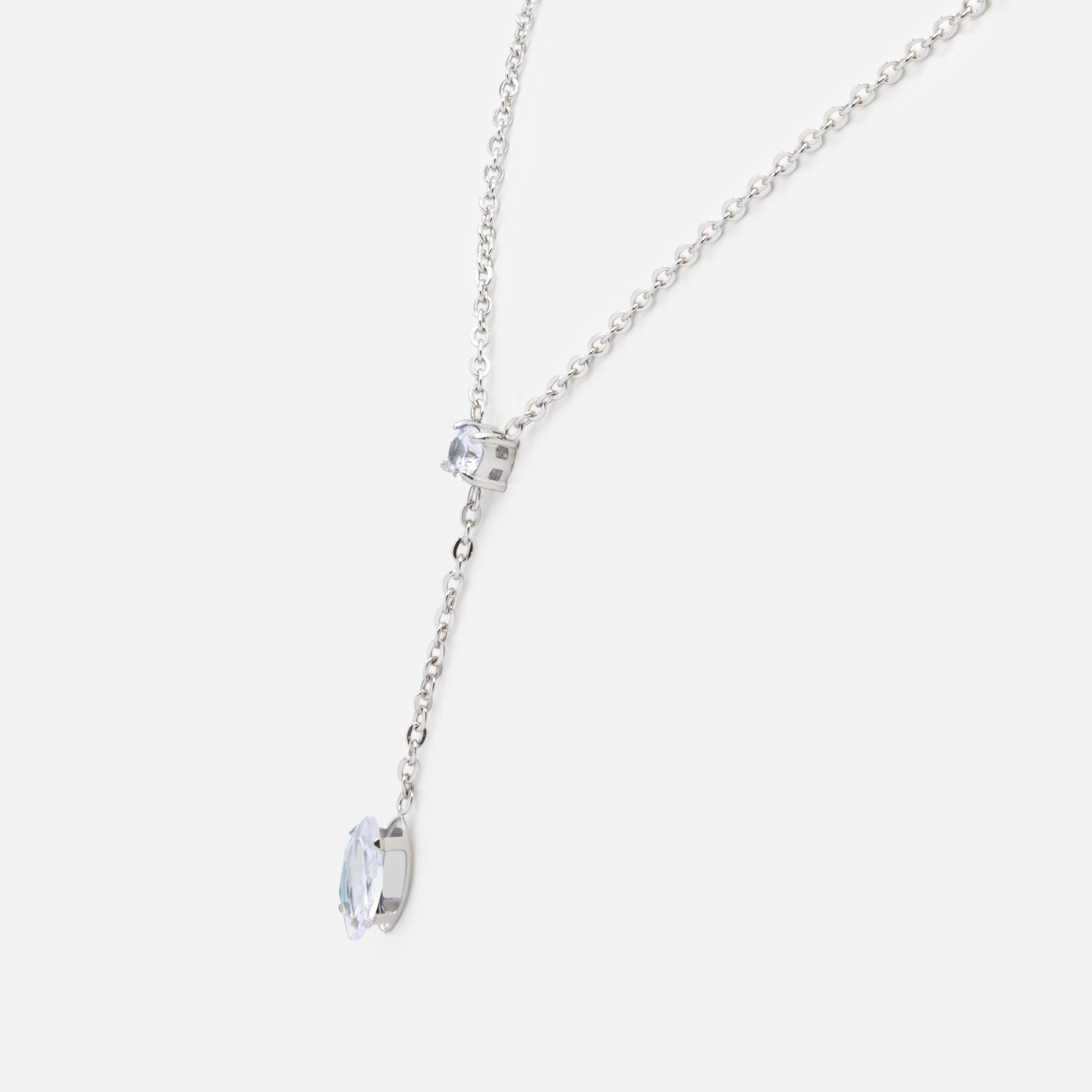 Silver necklace with teardrop cubic zirconia pendant in stainless steel