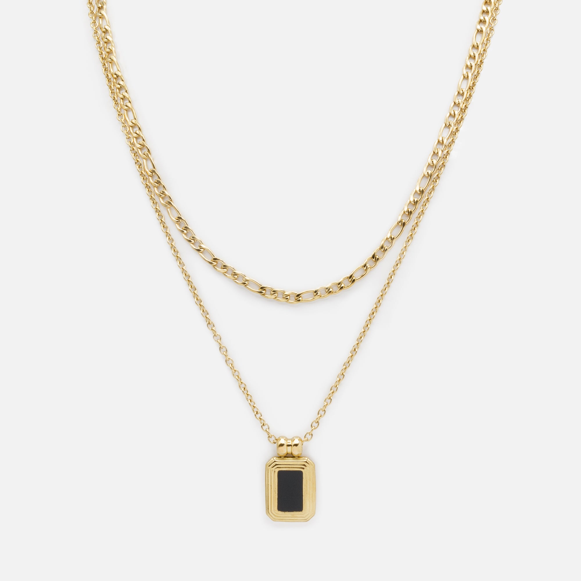 Gold Figaro Link Chain and Black Rectangular Charm Necklace Set in Stainless Steel