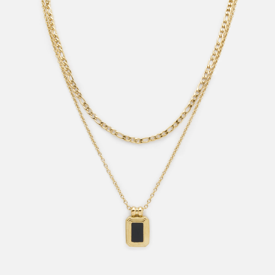 Gold Figaro Link Chain and Black Rectangular Charm Necklace Set in Stainless Steel
