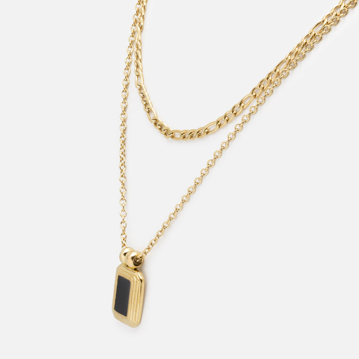 Ensemble doré chaîne à mailles figaro et collier à breloque rectangulaire noire en acier inoxydable