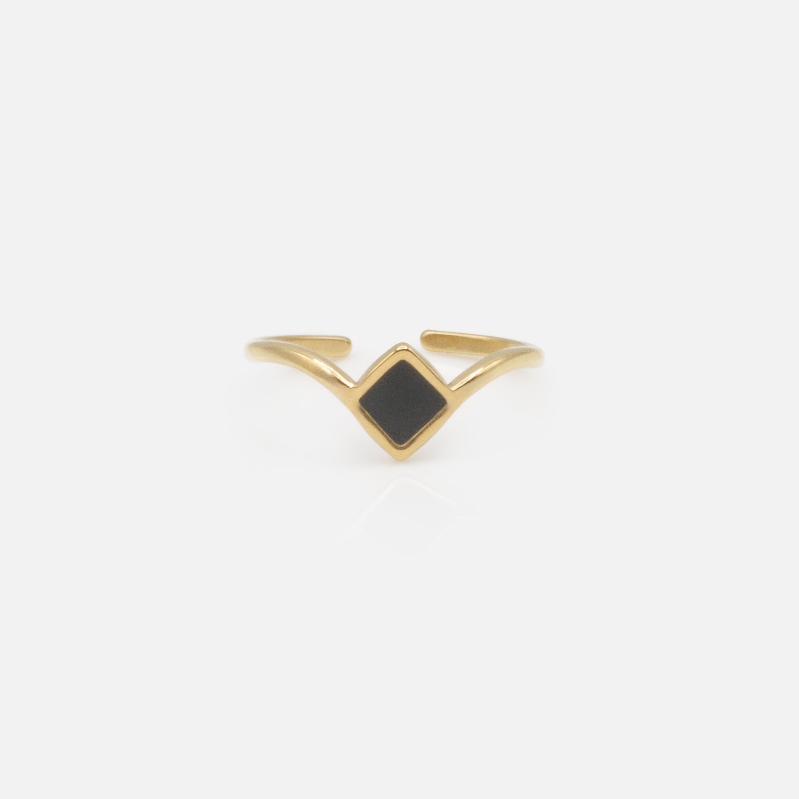 Bague ouverte dorée avec losange noir en acier inoxydable