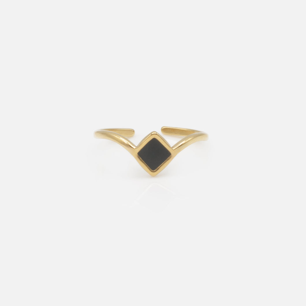 Gold open ring with black diamond in stainless steel