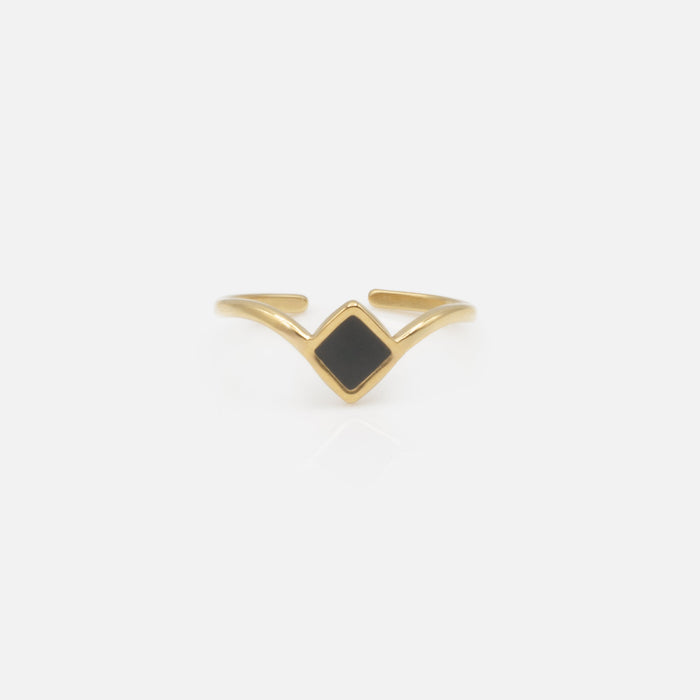 Bague ouverte dorée avec losange noir en acier inoxydable