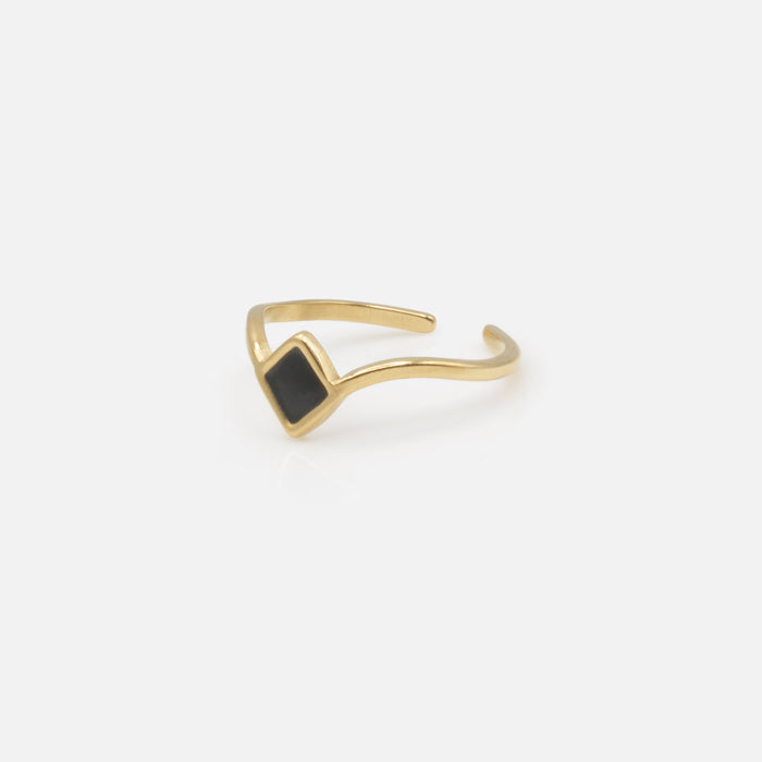 Bague ouverte dorée avec losange noir en acier inoxydable