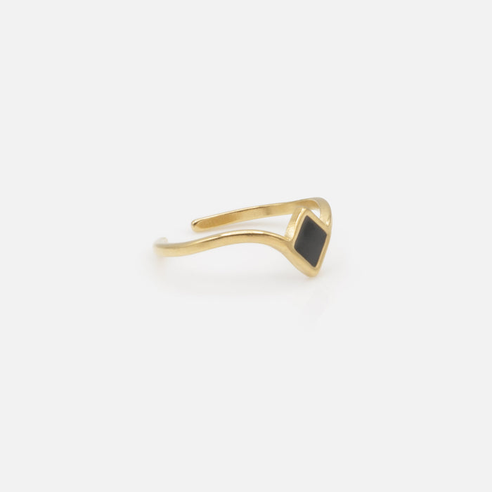 Bague ouverte dorée avec losange noir en acier inoxydable