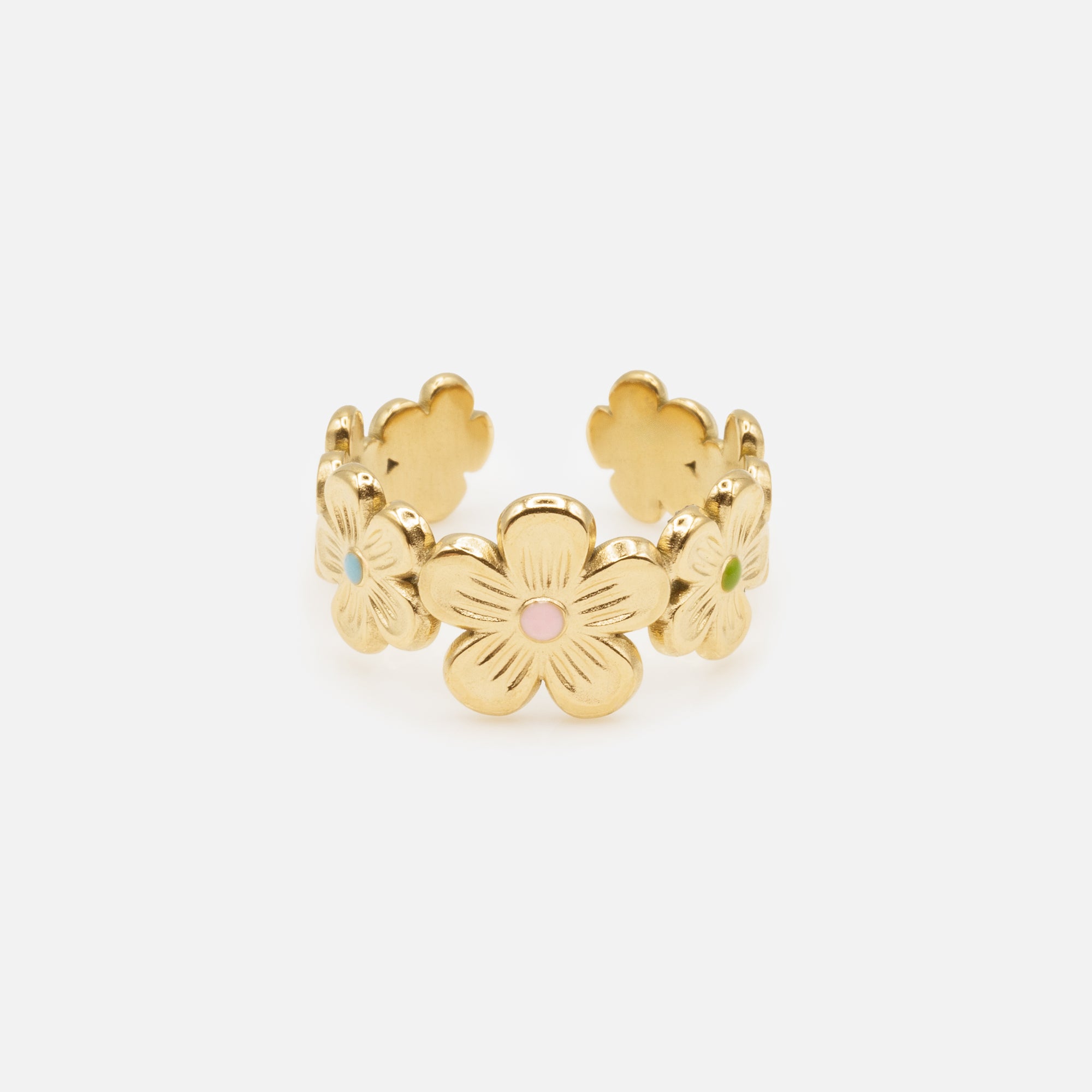 Golden flower crown open ring in stainless steel