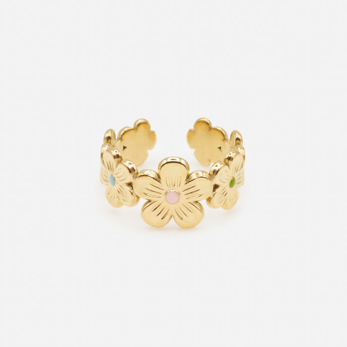 Golden flower crown open ring in stainless steel