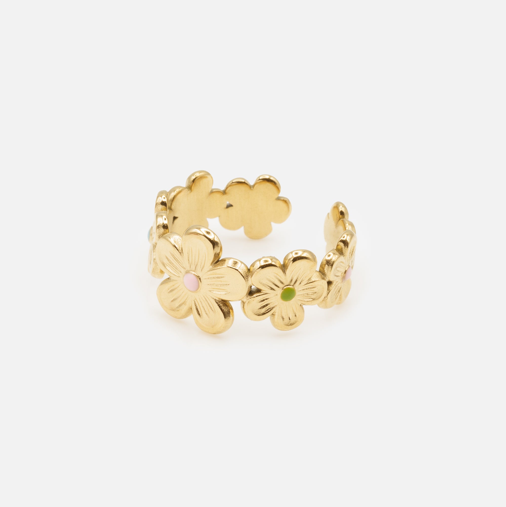 Golden flower crown open ring in stainless steel