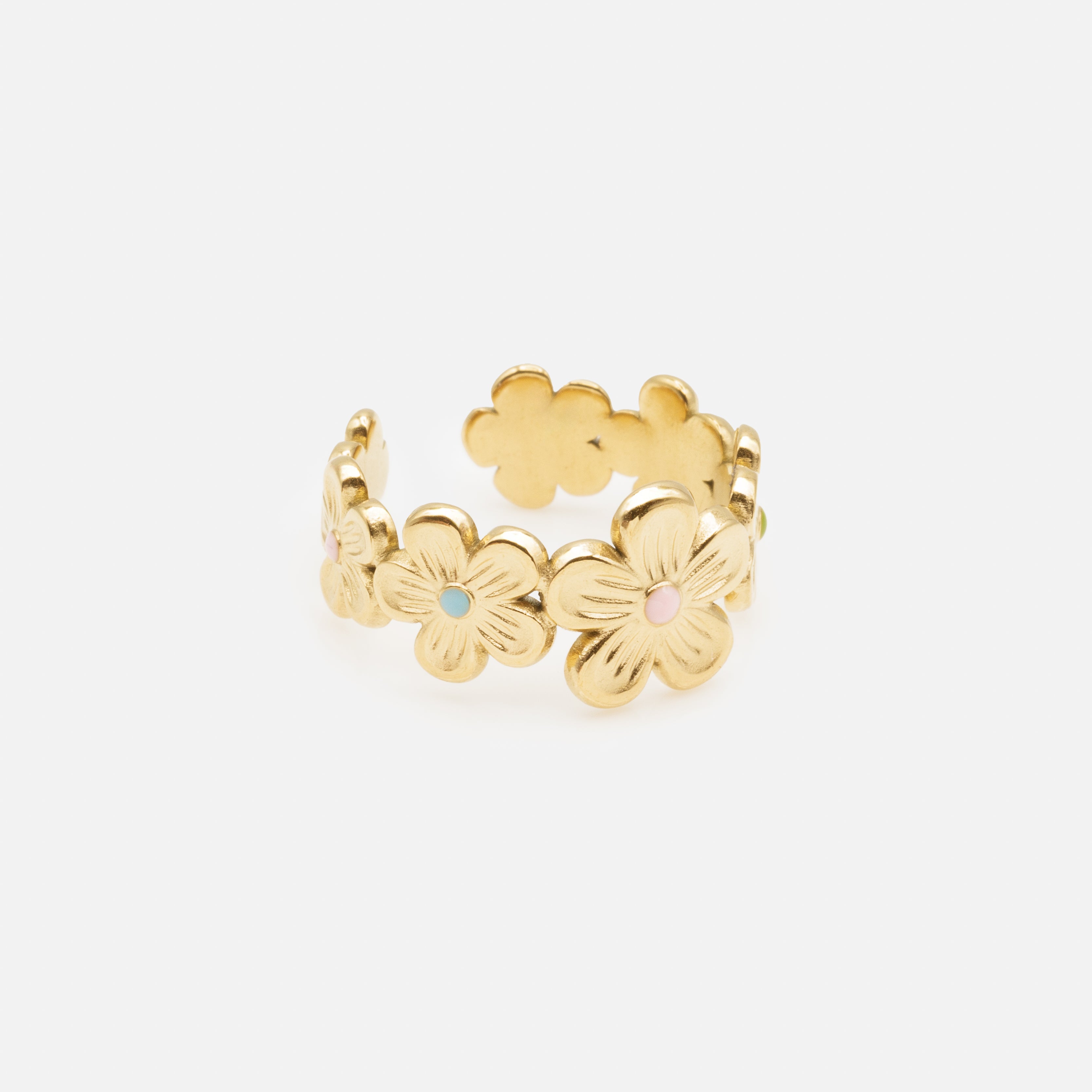 Bague ouverte dorée couronne de fleurs en acier inoxydable