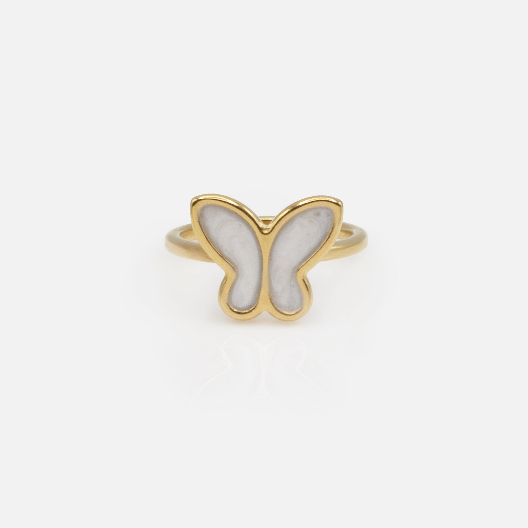 Gold ring with pearly butterfly in stainless steel