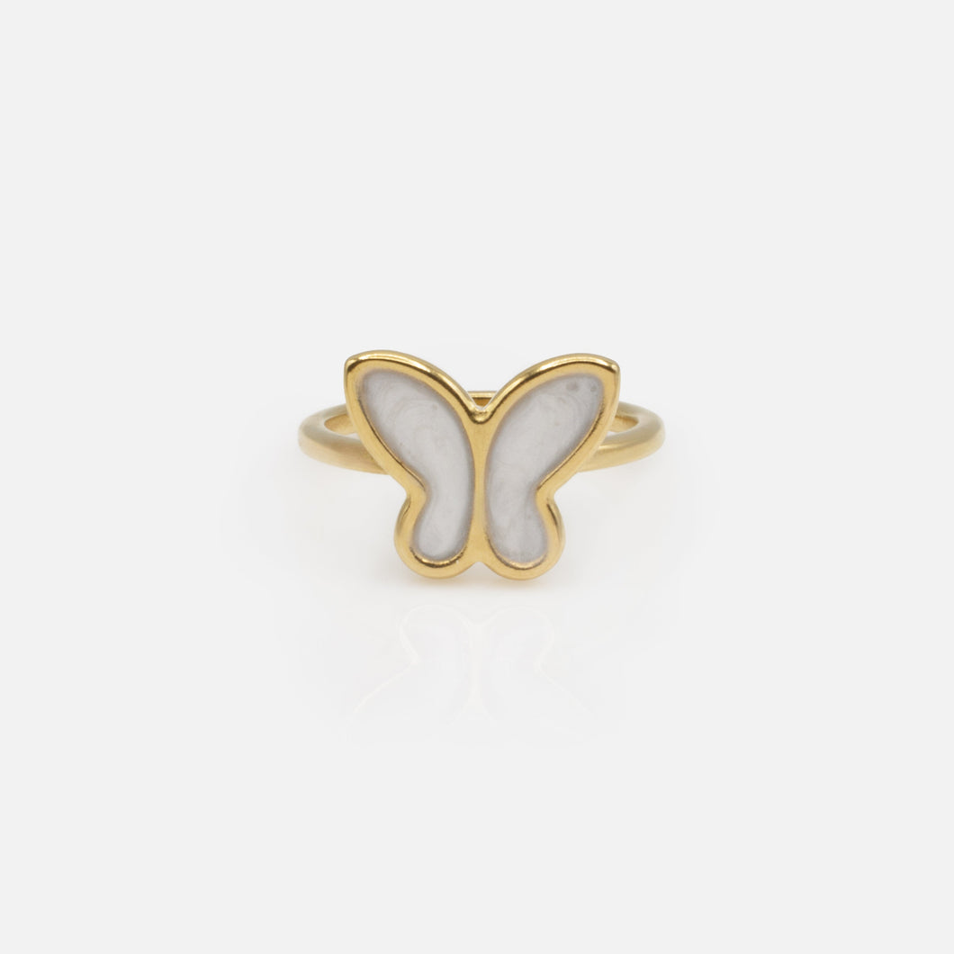 Gold ring with pearly butterfly in stainless steel