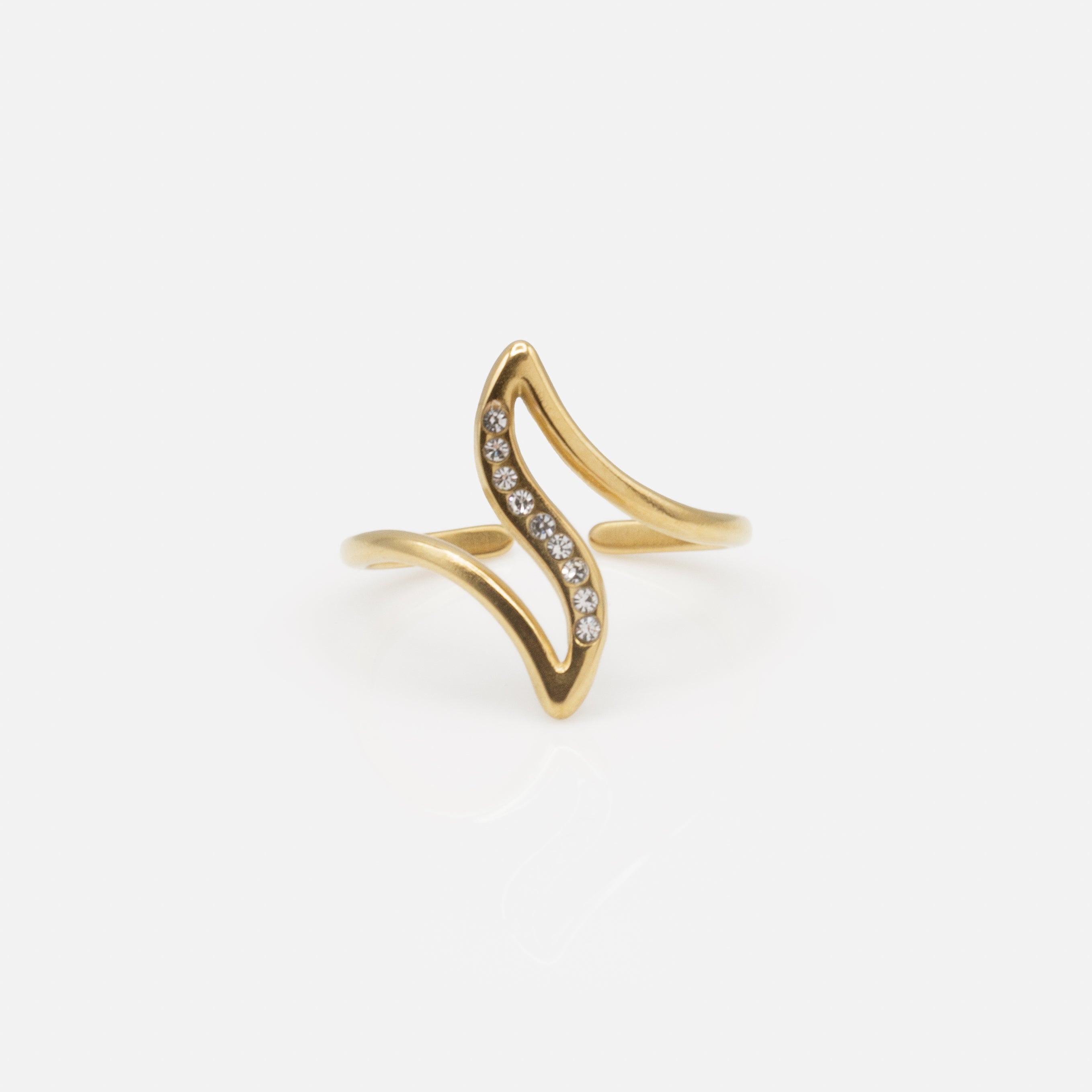 Bague ouverte dorée en courbes avec zircons cubiques en acier inoxydable