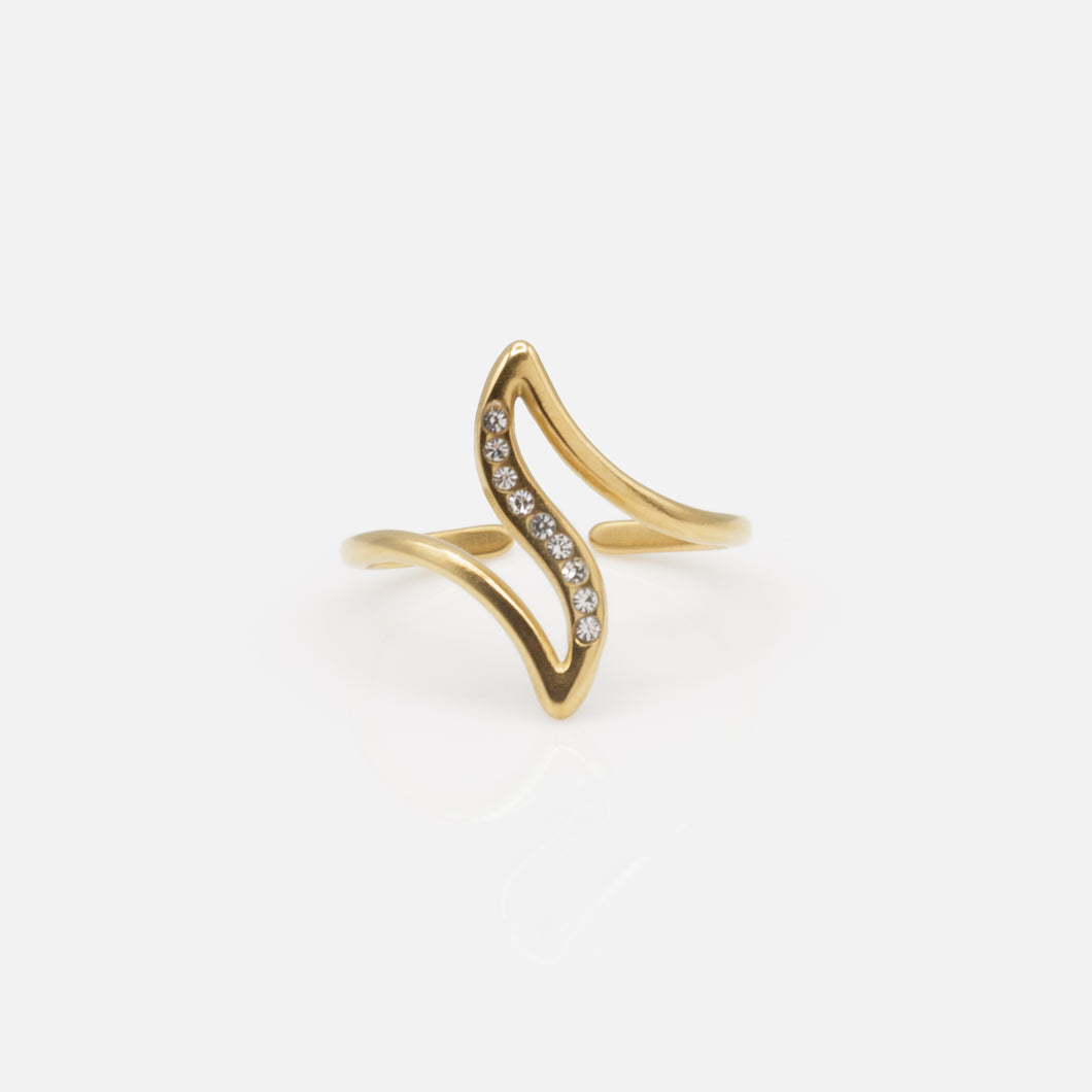 Curved golden open ring with cubic zirconia in stainless steel