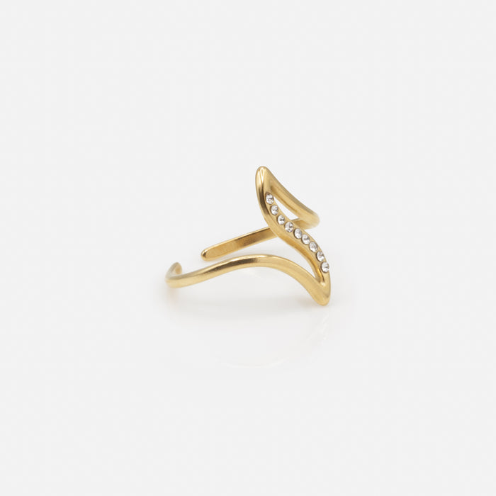 Bague ouverte dorée en courbes avec zircons cubiques en acier inoxydable
