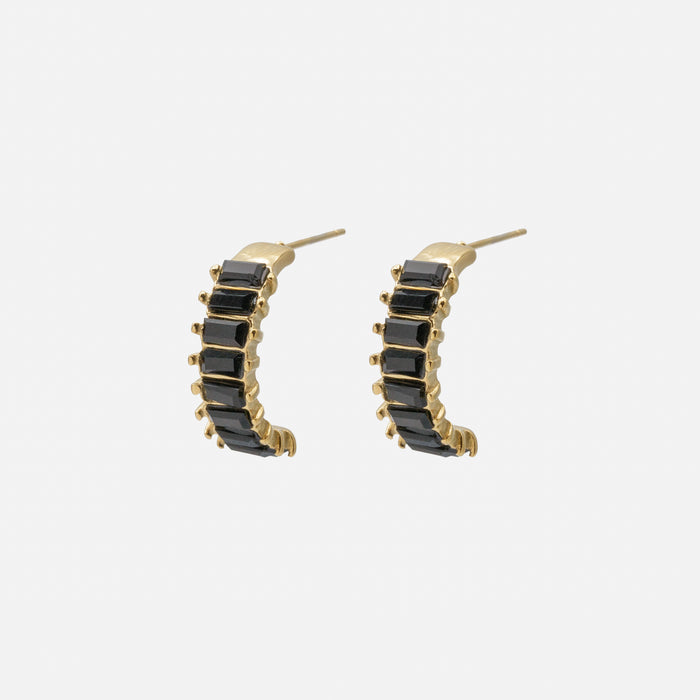 Gold Half Hoop Earrings with Black Stones in Stainless Steel