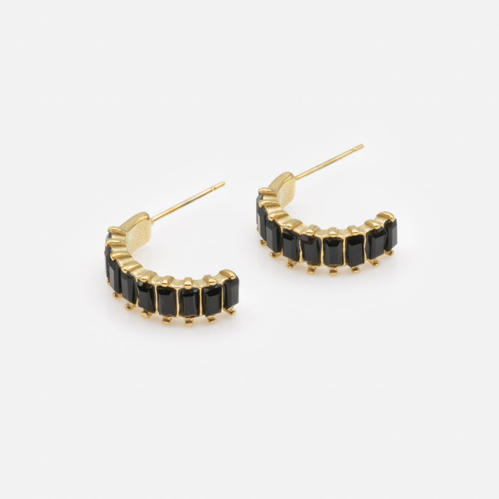 Gold Half Hoop Earrings with Black Stones in Stainless Steel