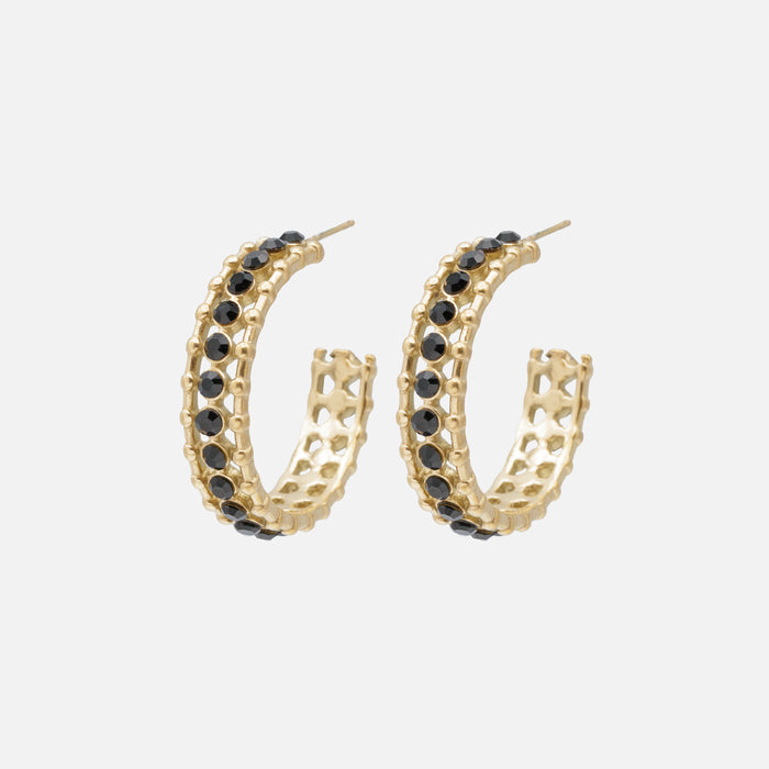 Open gold hoop earrings with black cubic zirconia in stainless steel