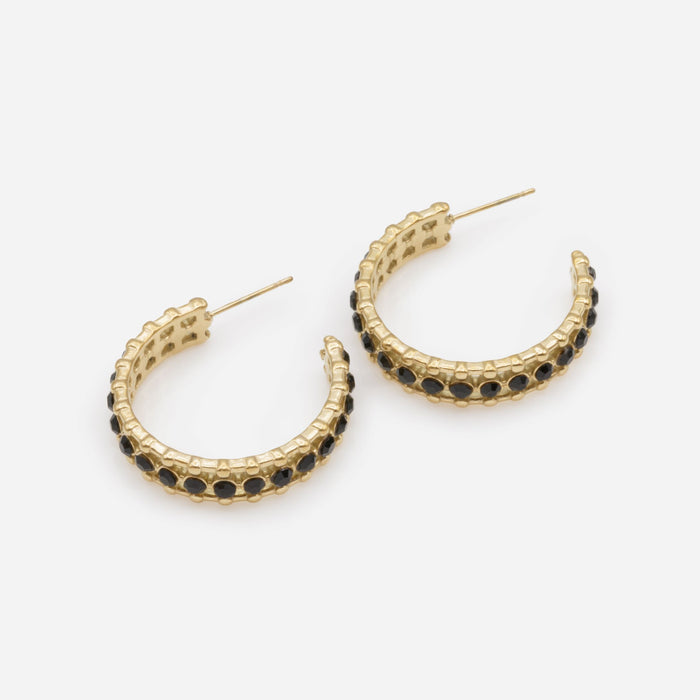 Open gold hoop earrings with black cubic zirconia in stainless steel