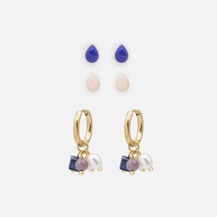 Trio of gold and colored stainless steel earrings