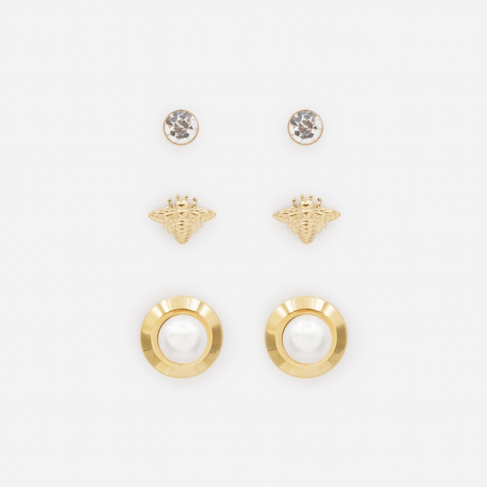 Trio of gold-plated stainless steel bee and pearl earrings