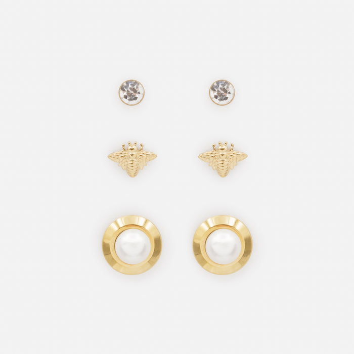 Trio of gold-plated stainless steel bee and pearl earrings