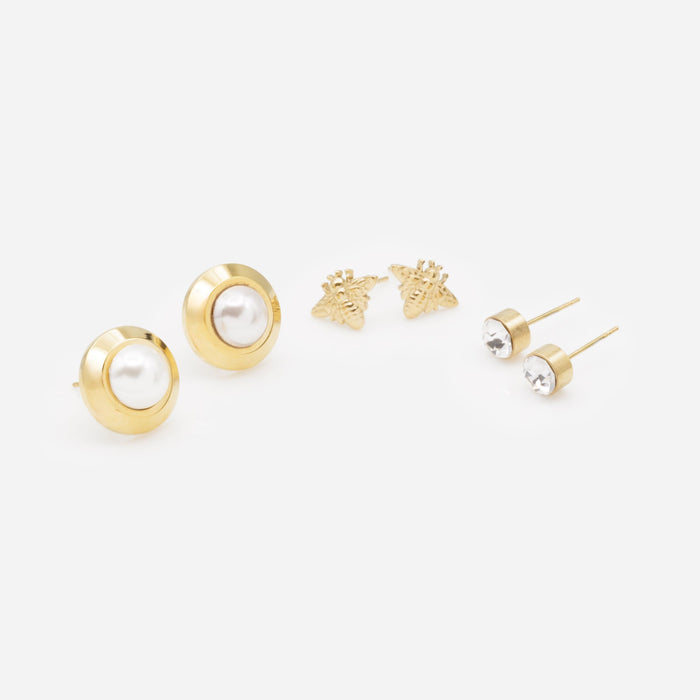 Trio of gold-plated stainless steel bee and pearl earrings