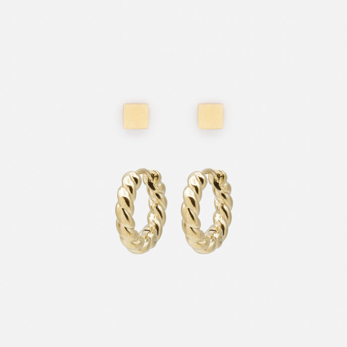 Duo de boucles d'oreilles dorées petits carrés et huggies torsadées en acier inoxydable