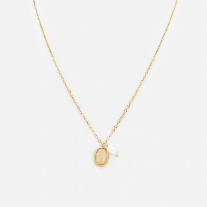 Collier doré avec breloques ovale et perle en acier inoxydable