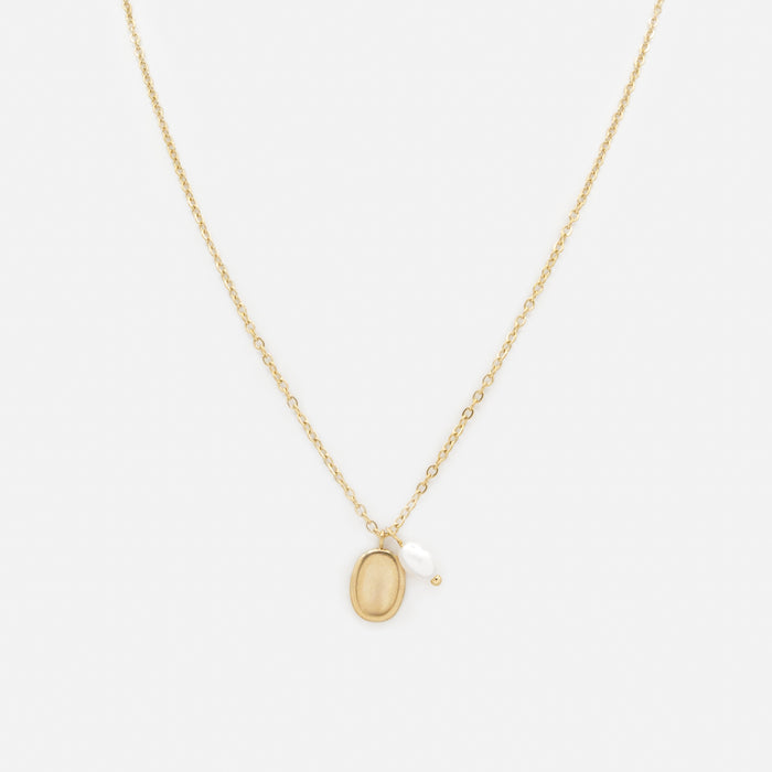 Gold necklace with oval charms and stainless steel pearl