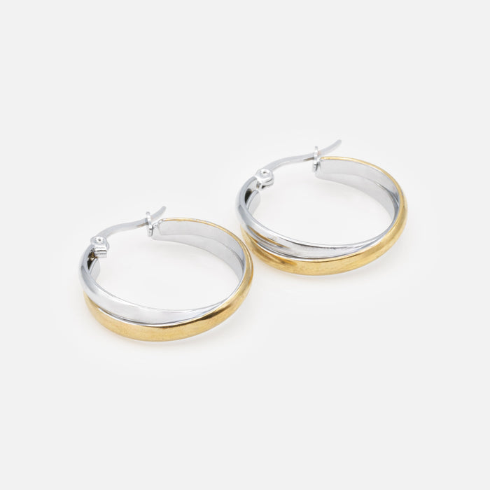 Boucles d'oreilles anneaux entremêlés deux tons en acier inoxydable