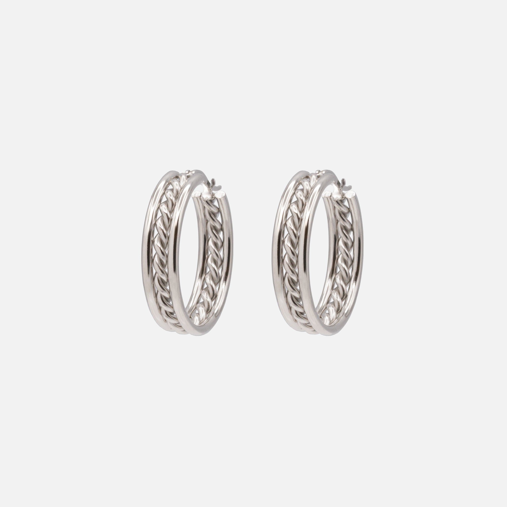 Boucles d'oreilles anneaux argentés à torsade centrale en acier inoxydable