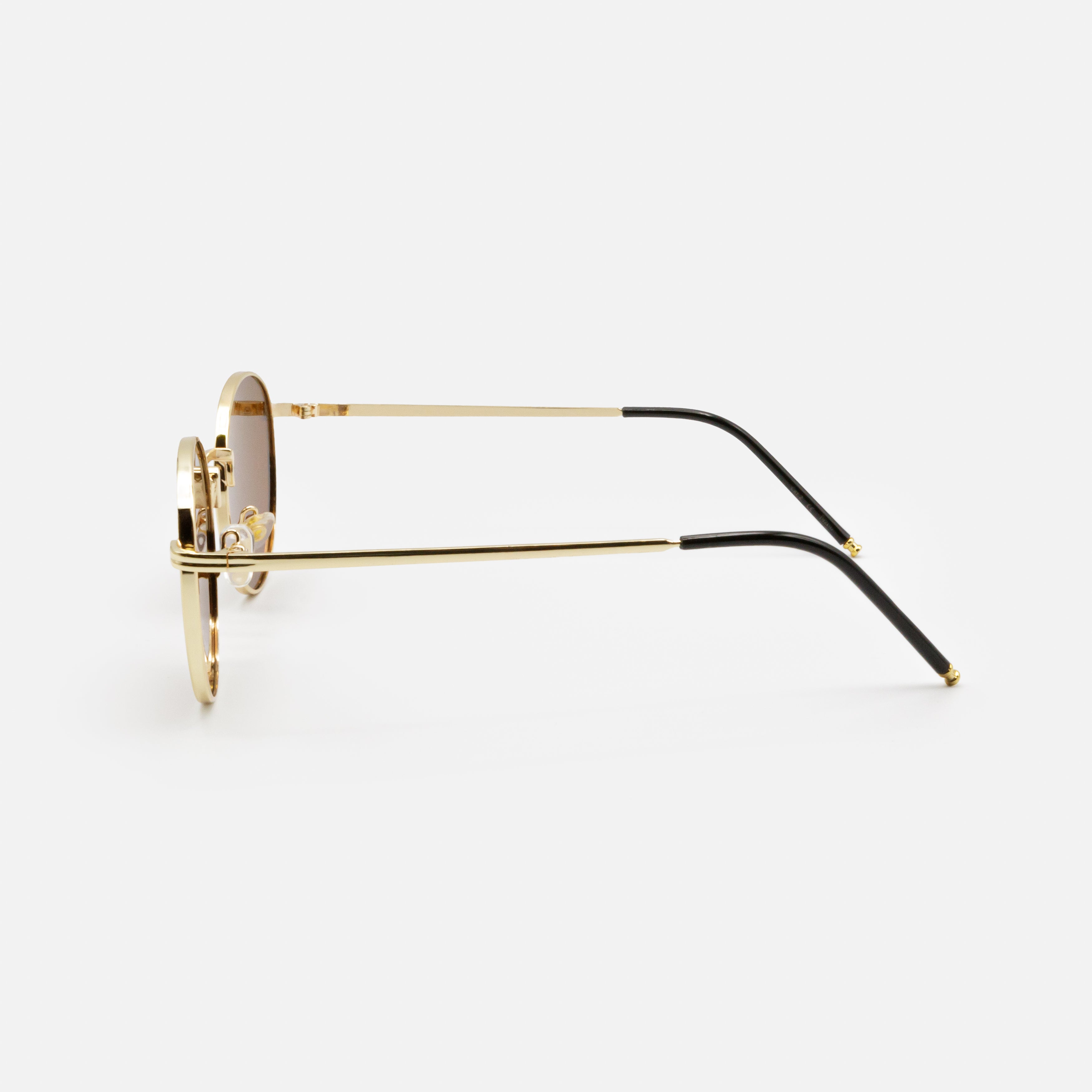 Round gold sunglasses with brown lenses