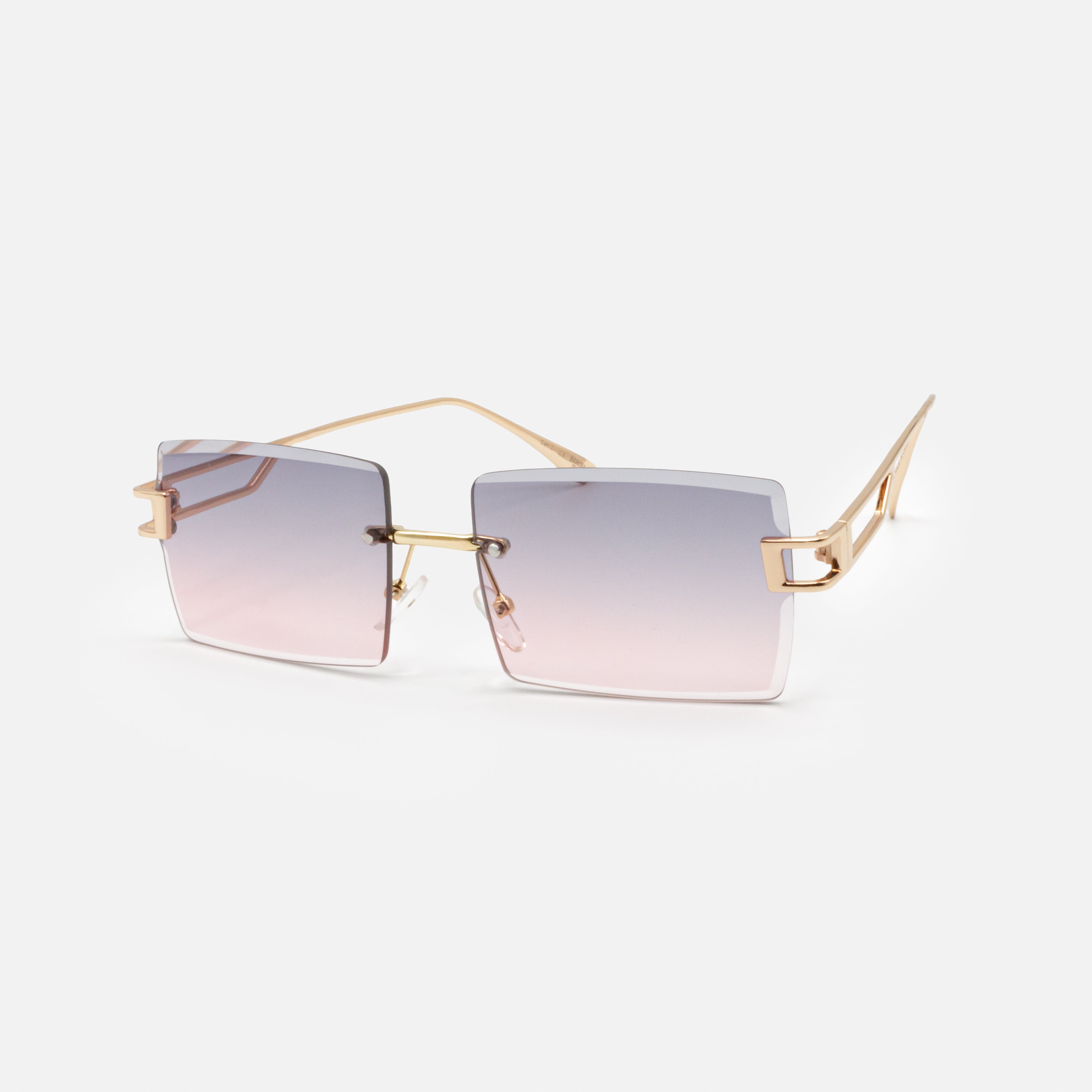 Gold rectangular sunglasses with pink lenses