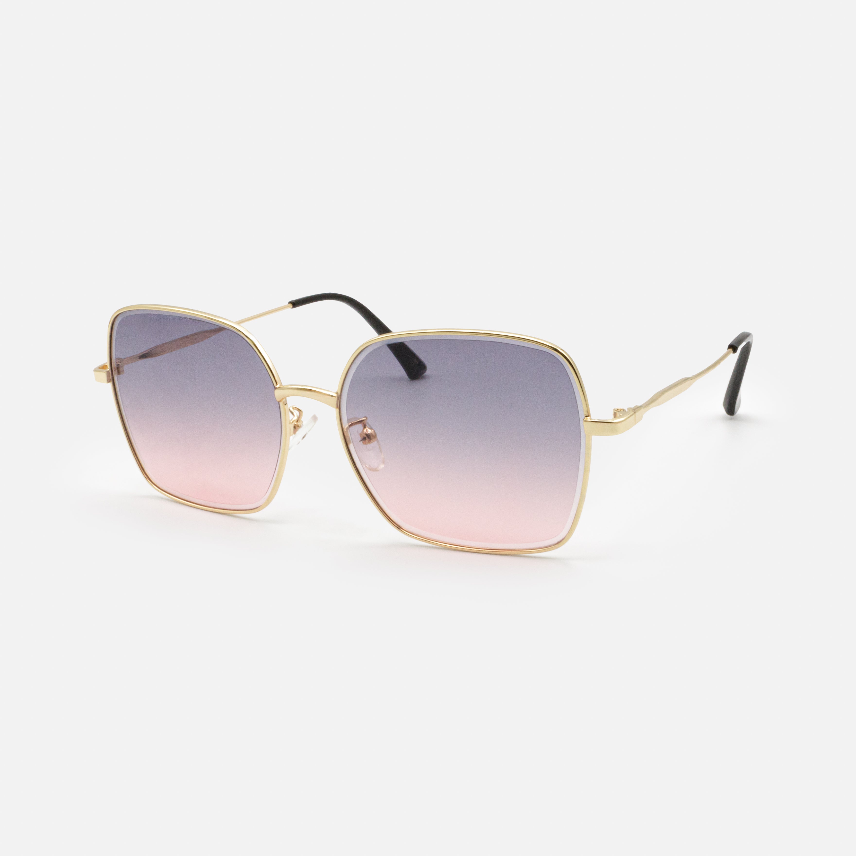 Gold square sunglasses with pink lenses