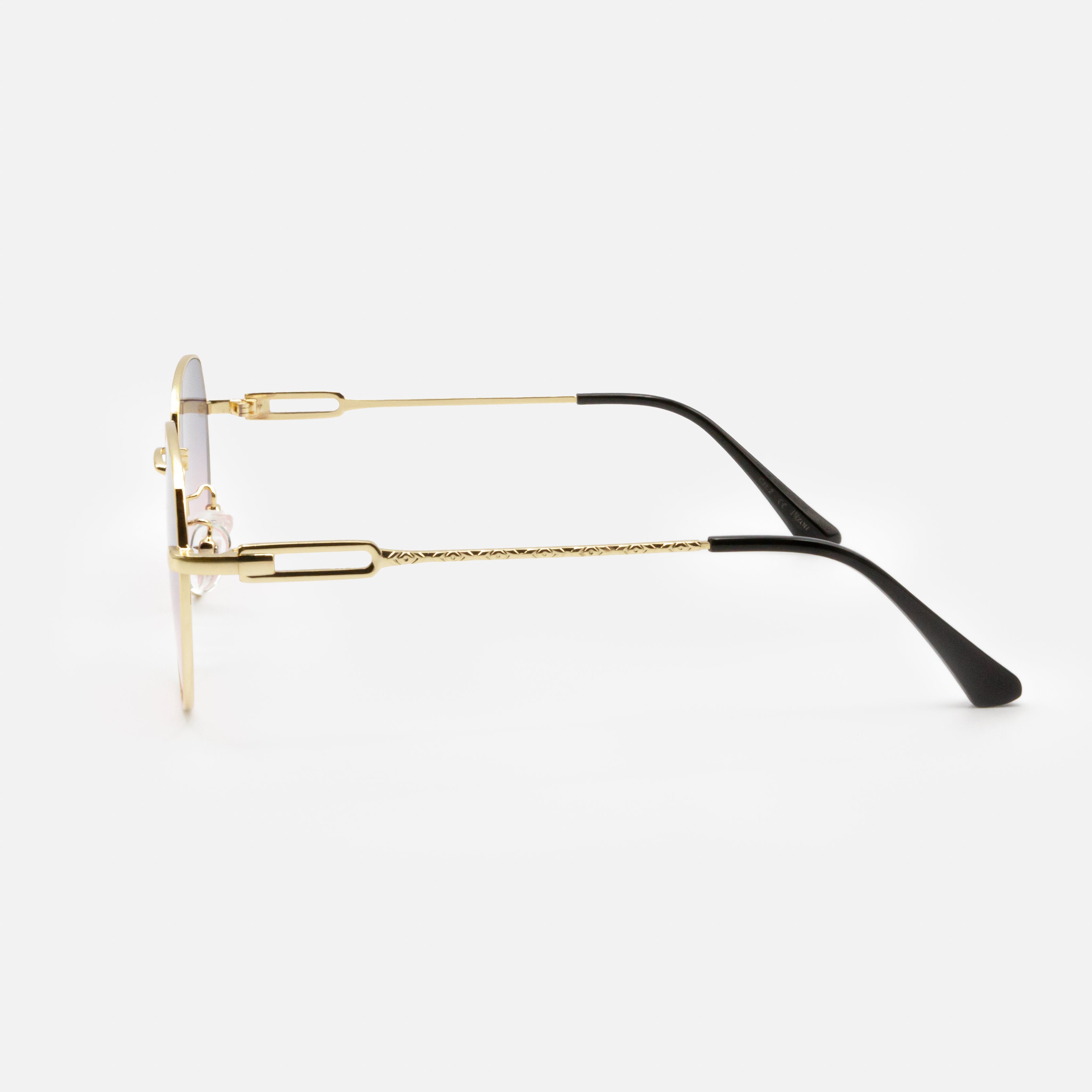 Gold sunglasses with purple and pink lenses
