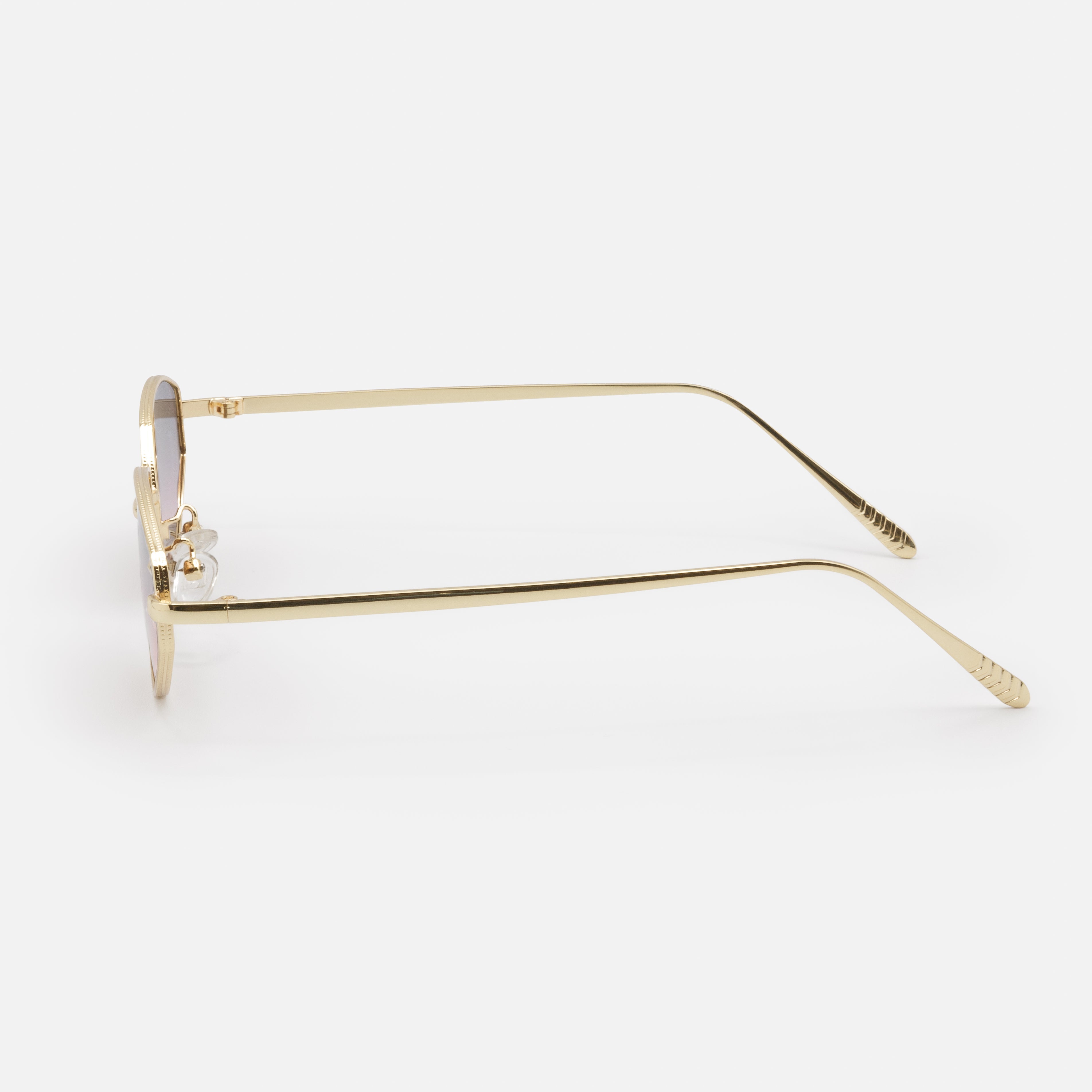 Gold sunglasses with purple and pink lenses