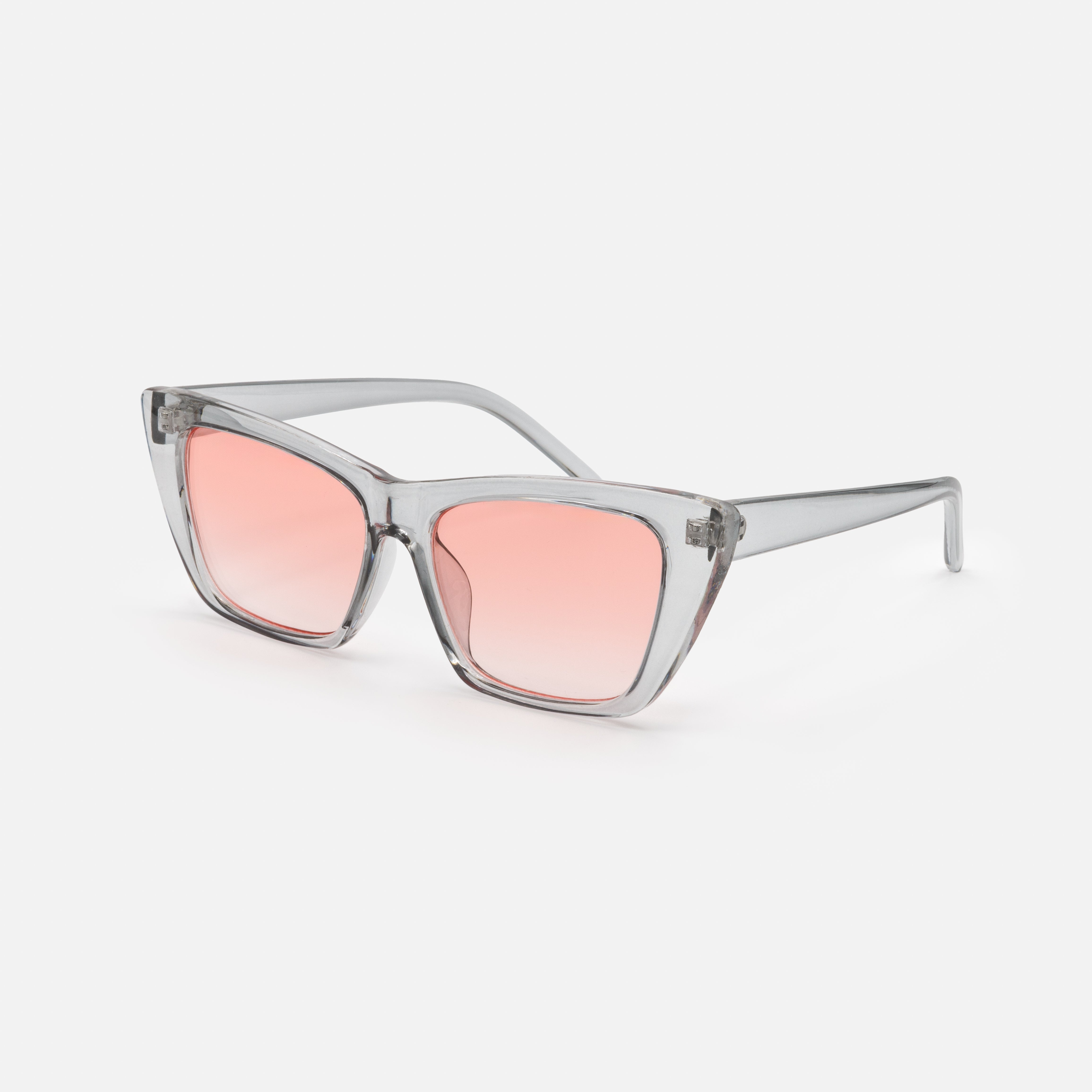 Translucent gray sunglasses with pink lenses