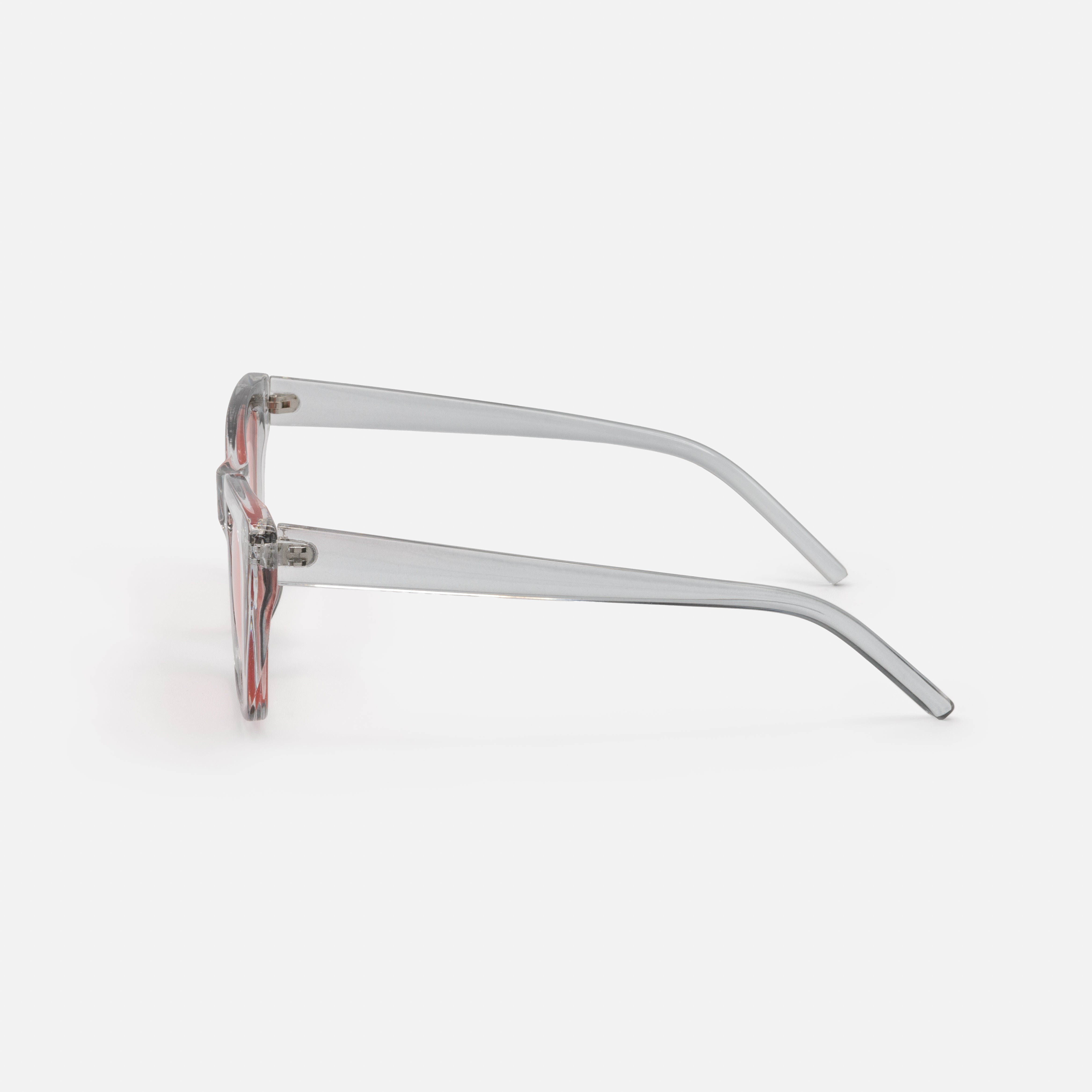 Translucent gray sunglasses with pink lenses