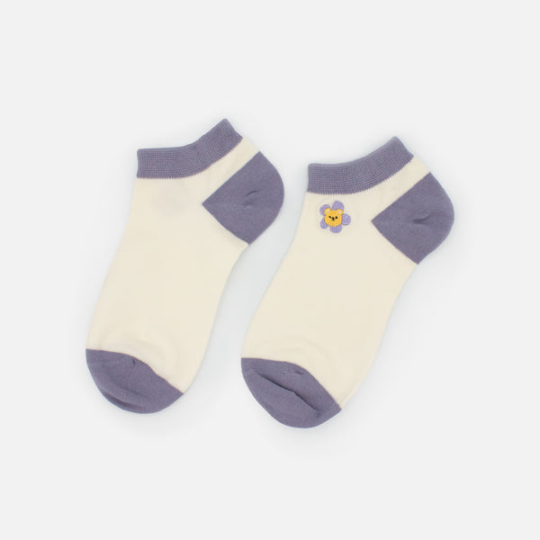 Load image into Gallery viewer, White and purple ankle stockings with embroidered teddy bear and flower
